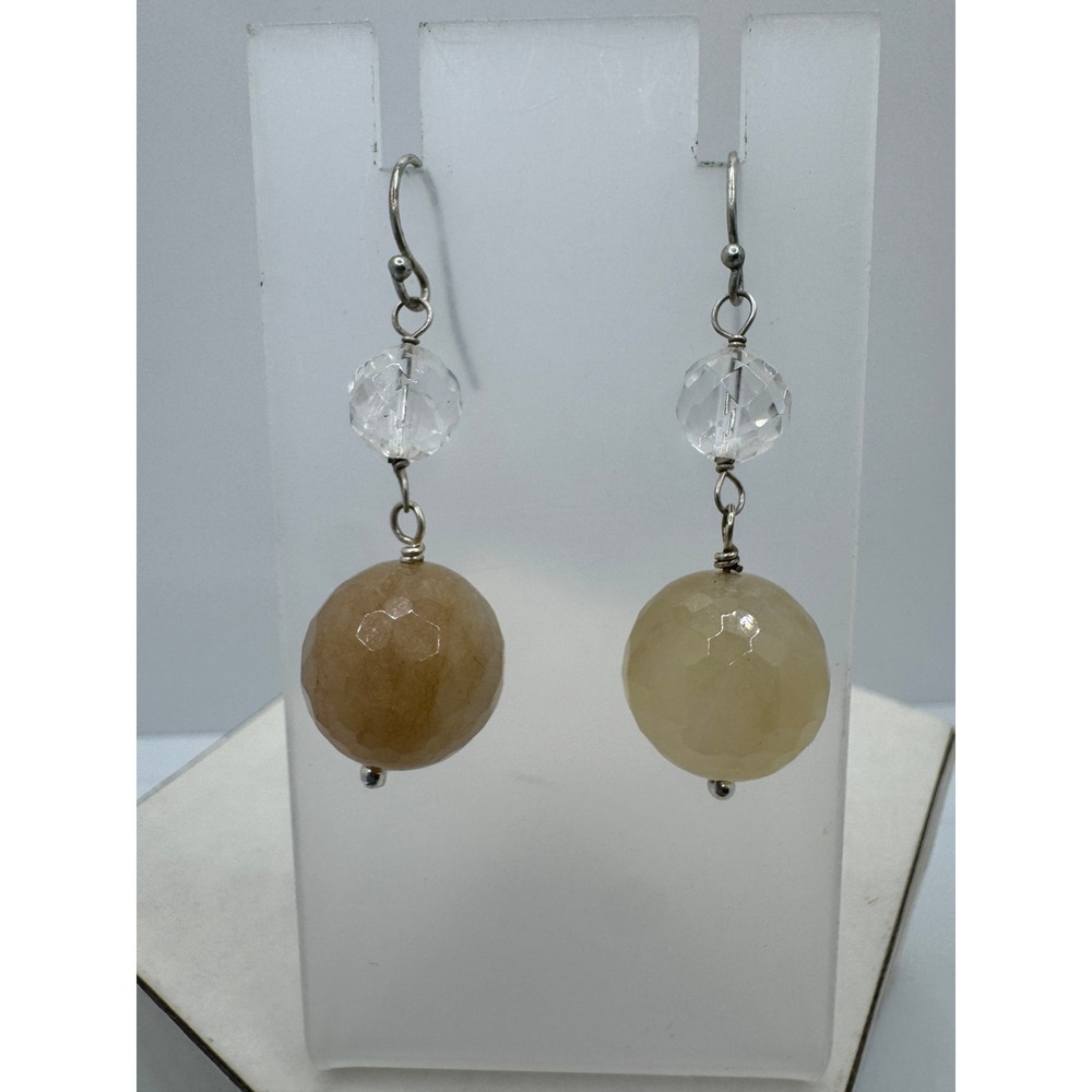 Vintage Faceted Amber Honey Stone Crystal Drop Dangle Earrings Silver Tone Hook